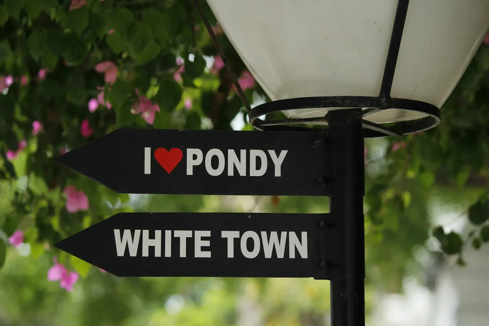 Directional signs for "i love pondy" and "white town": Pondicherry holiday packages by OYG Holidays